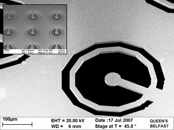 図 1：FSS素子の拡大写真。左上は周期アレイの一部
