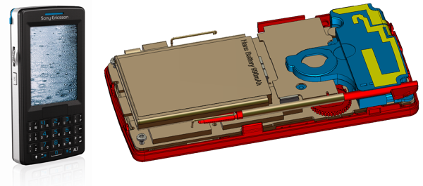 図5：端末のフルモデル：プラスチック部分（赤と青）、金属部分（銅と金）を含む。