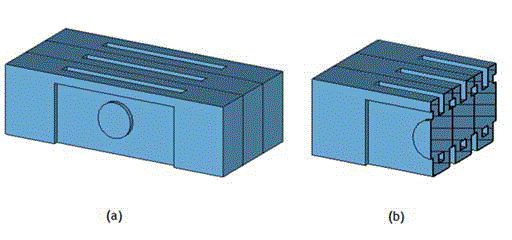 図1： vacuum材質でモデリングした’quasi-parallel-plate’遅波構造。三周期分を表示。(a)3次元モデル俯瞰表示、(b)断面表示